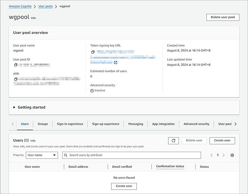 Screenshot of user pool overview.